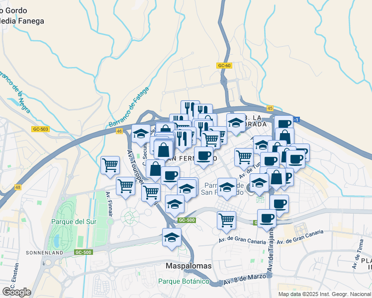 map of restaurants, bars, coffee shops, grocery stores, and more near 2 Calle José Yánez Matos in San Bartolomé de Tirajana