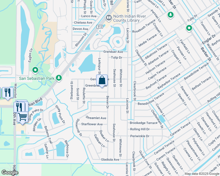 map of restaurants, bars, coffee shops, grocery stores, and more near 1342 Bevan Drive in Sebastian