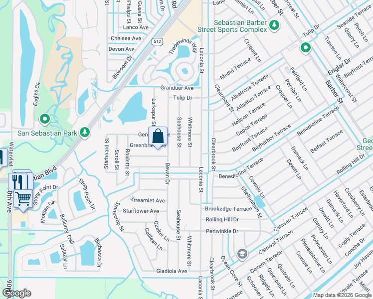 map of restaurants, bars, coffee shops, grocery stores, and more near 1341 Whitmore Street in Sebastian