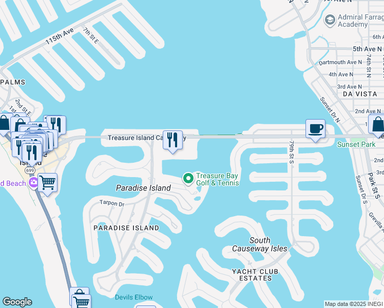 map of restaurants, bars, coffee shops, grocery stores, and more near 450 Treasure Island Causeway in Treasure Island