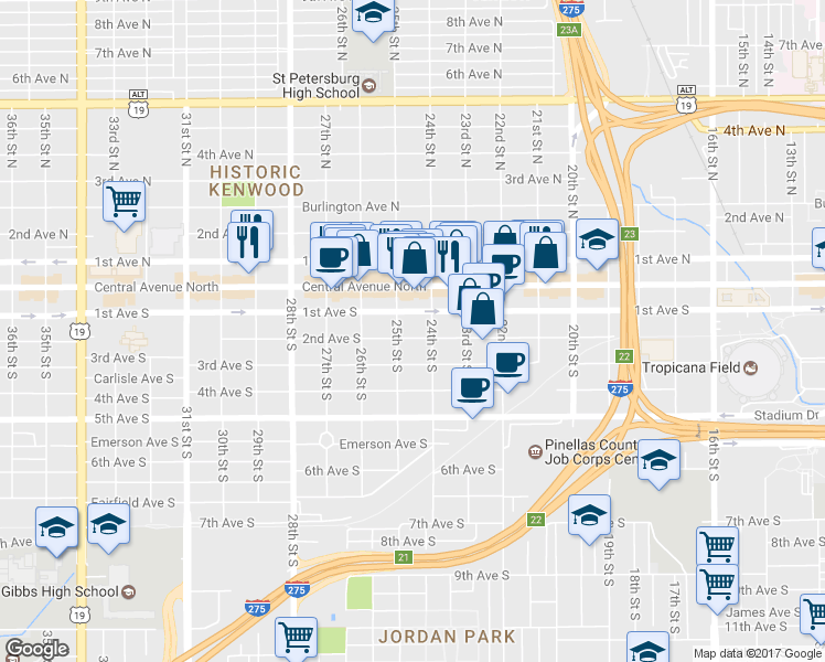map of restaurants, bars, coffee shops, grocery stores, and more near 2435 2nd Avenue South in St. Petersburg