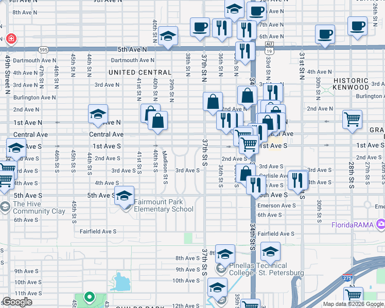 map of restaurants, bars, coffee shops, grocery stores, and more near 131 Kingston Street South in St. Petersburg