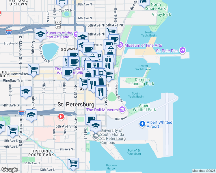 map of restaurants, bars, coffee shops, grocery stores, and more near 321 2nd Avenue Southeast in St. Petersburg