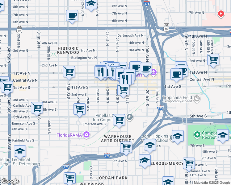 map of restaurants, bars, coffee shops, grocery stores, and more near 2325 2nd Avenue South in St. Petersburg