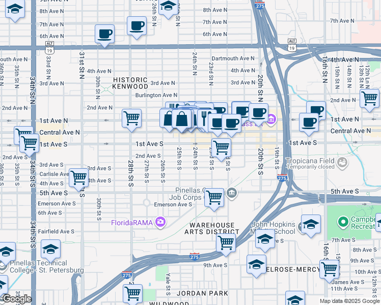map of restaurants, bars, coffee shops, grocery stores, and more near 2435 2nd Avenue South in St. Petersburg