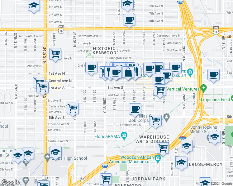map of restaurants, bars, coffee shops, grocery stores, and more near 2651 2nd Avenue South in St. Petersburg