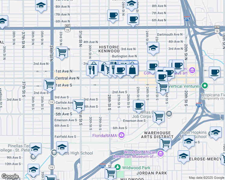 map of restaurants, bars, coffee shops, grocery stores, and more near 2751 2nd Avenue South in St. Petersburg