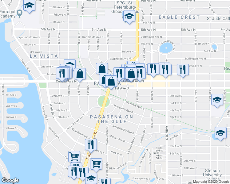 map of restaurants, bars, coffee shops, grocery stores, and more near 6688 1st Avenue South in St. Petersburg
