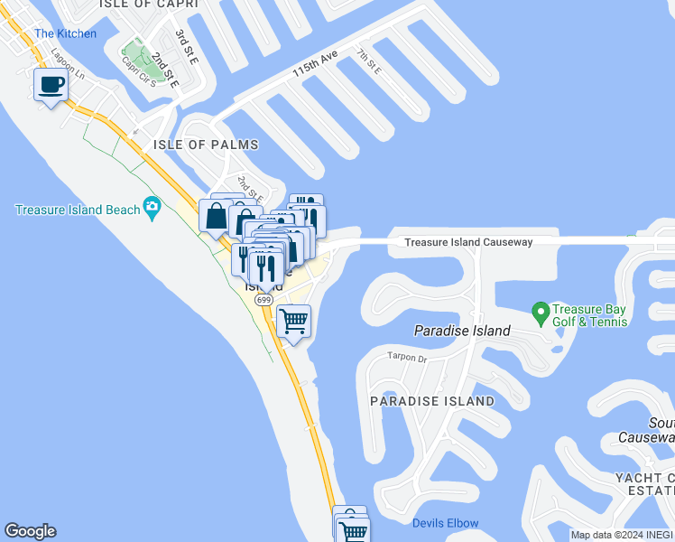 map of restaurants, bars, coffee shops, grocery stores, and more near 255 104th Avenue in Treasure Island