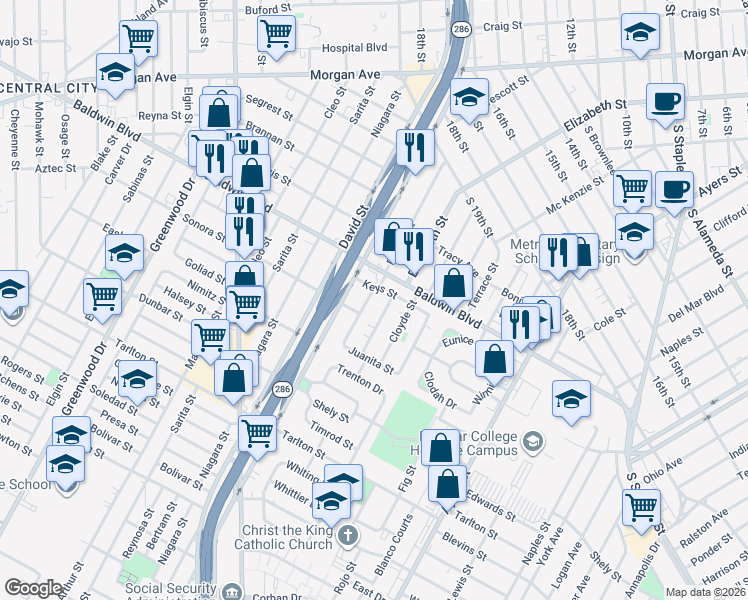 map of restaurants, bars, coffee shops, grocery stores, and more near 2710 Riggan St in Corpus Christi