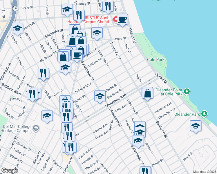 map of restaurants, bars, coffee shops, grocery stores, and more near 428 Atlantic Street in Corpus Christi