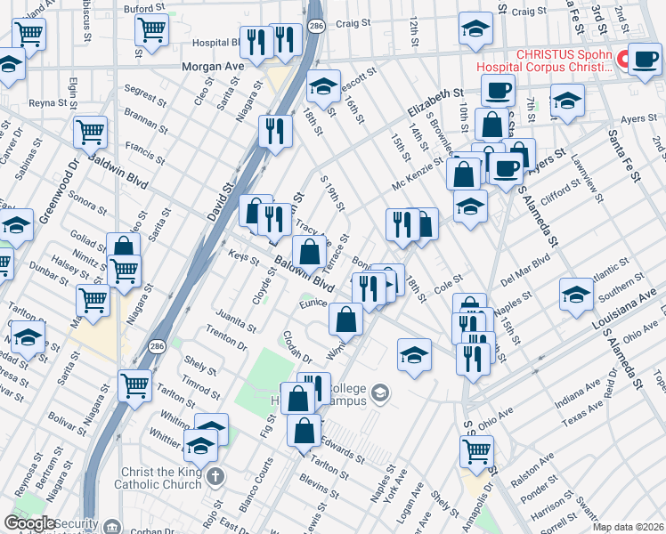 map of restaurants, bars, coffee shops, grocery stores, and more near 2616 Terrace Street in Corpus Christi