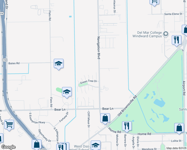 map of restaurants, bars, coffee shops, grocery stores, and more near 1004 Green Valley Drive in Corpus Christi