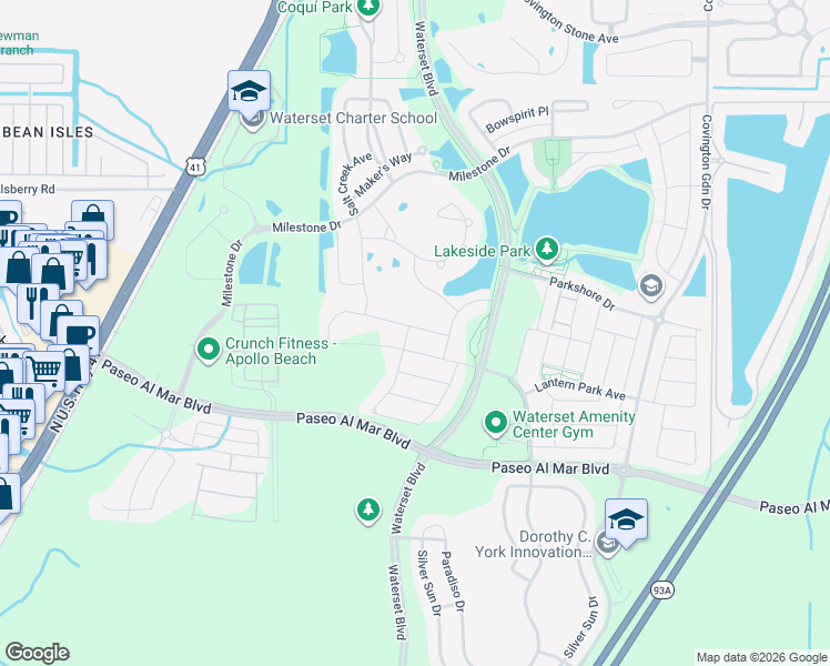map of restaurants, bars, coffee shops, grocery stores, and more near 6306 Shadowlake Drive in Apollo Beach