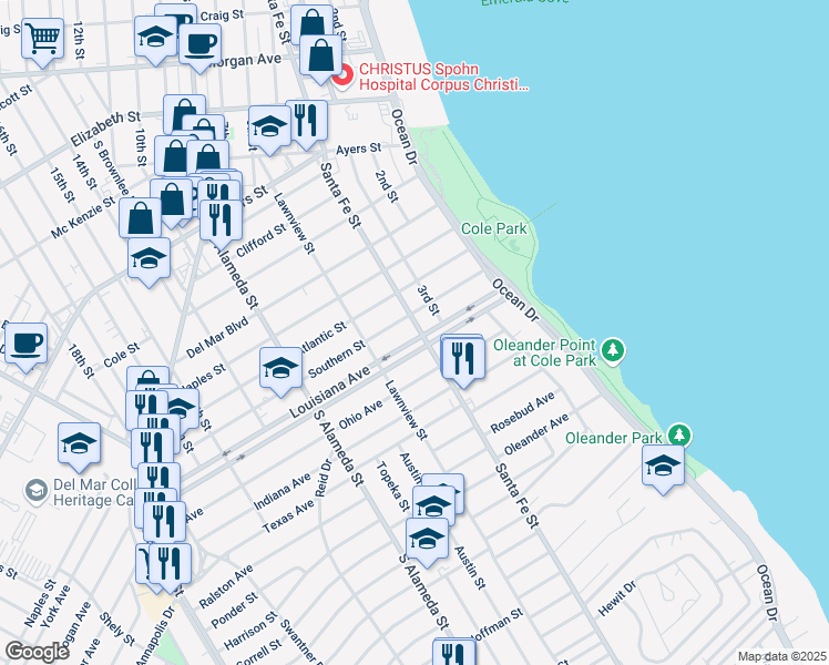 map of restaurants, bars, coffee shops, grocery stores, and more near 317 Southern Street in Corpus Christi