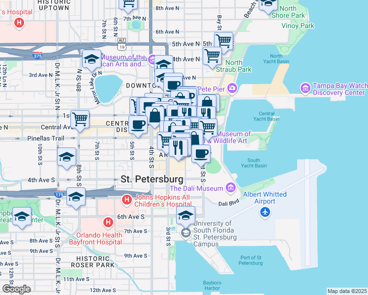 map of restaurants, bars, coffee shops, grocery stores, and more near 175 2nd Street South in St. Petersburg