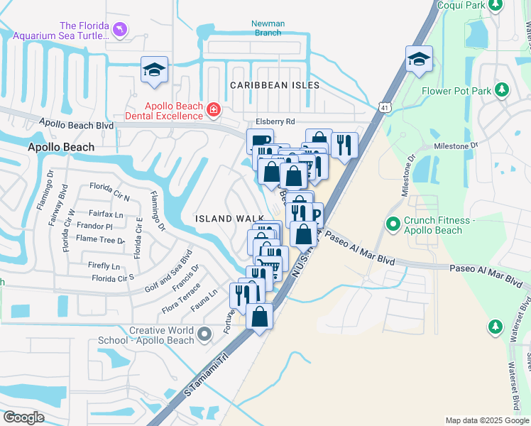 map of restaurants, bars, coffee shops, grocery stores, and more near 142 Lookout Drive in Apollo Beach