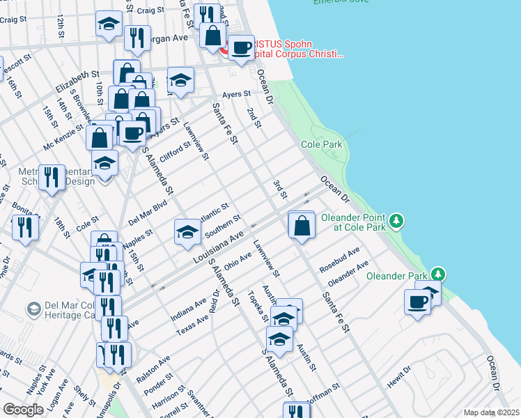 map of restaurants, bars, coffee shops, grocery stores, and more near 317 Southern Street in Corpus Christi