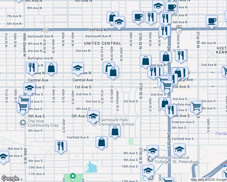map of restaurants, bars, coffee shops, grocery stores, and more near 120 40th Street South in St. Petersburg