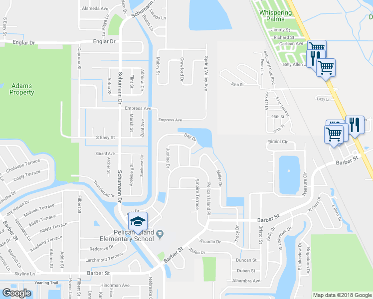 map of restaurants, bars, coffee shops, grocery stores, and more near 102 Justine Drive in Sebastian