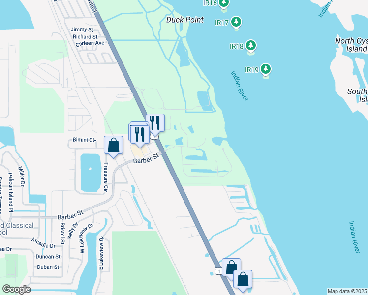 map of restaurants, bars, coffee shops, grocery stores, and more near 5799 Marina Drive in Sebastian