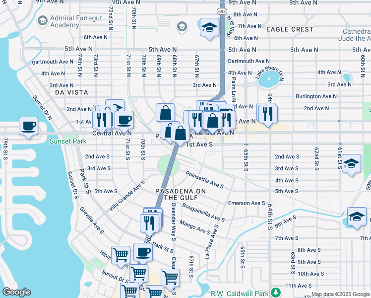 map of restaurants, bars, coffee shops, grocery stores, and more near 6688 1st Avenue South in St. Petersburg