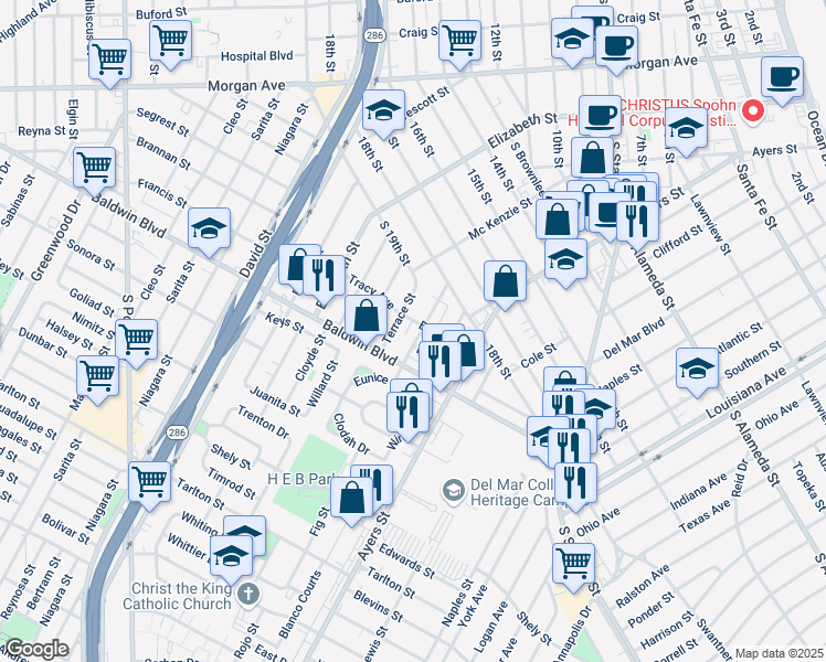 map of restaurants, bars, coffee shops, grocery stores, and more near 1443 Bonita Street in Corpus Christi