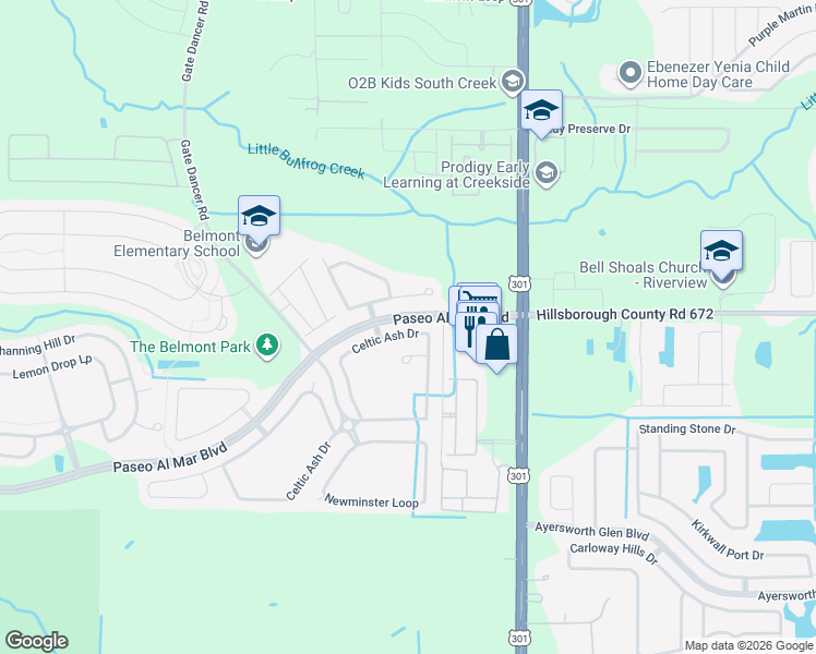 map of restaurants, bars, coffee shops, grocery stores, and more near 10223 Celtic Ash Drive in Ruskin