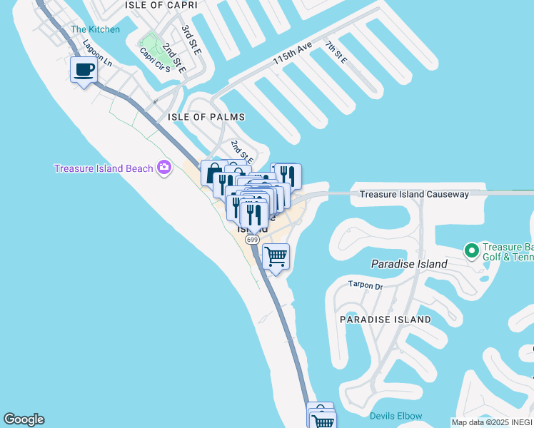 map of restaurants, bars, coffee shops, grocery stores, and more near 140 107th Avenue in Treasure Island