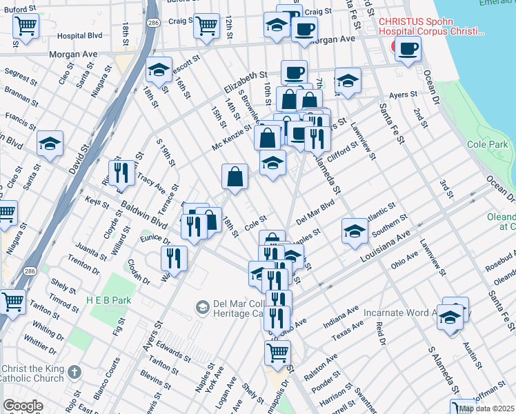 map of restaurants, bars, coffee shops, grocery stores, and more near 1736 16th Street in Corpus Christi