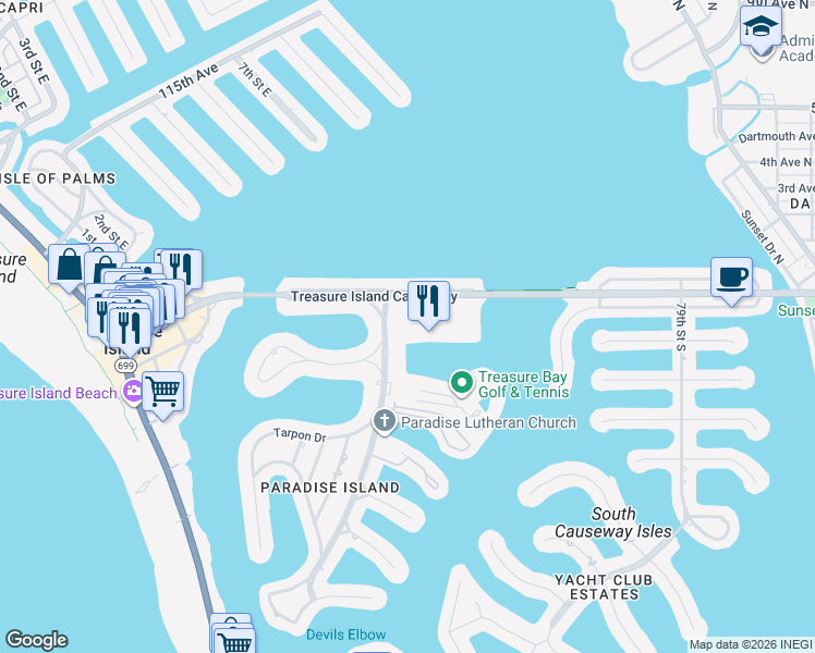 map of restaurants, bars, coffee shops, grocery stores, and more near 10375 Paradise Boulevard in Treasure Island