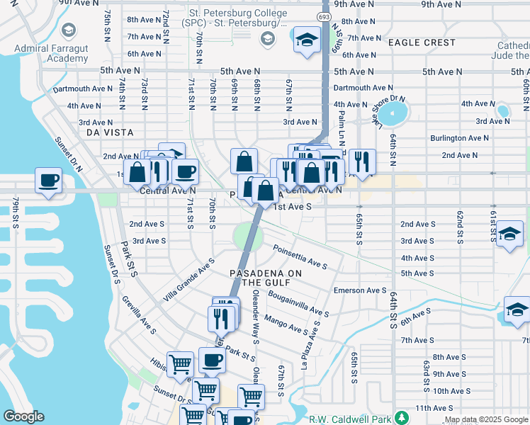 map of restaurants, bars, coffee shops, grocery stores, and more near 100 Florida 693 in St. Petersburg