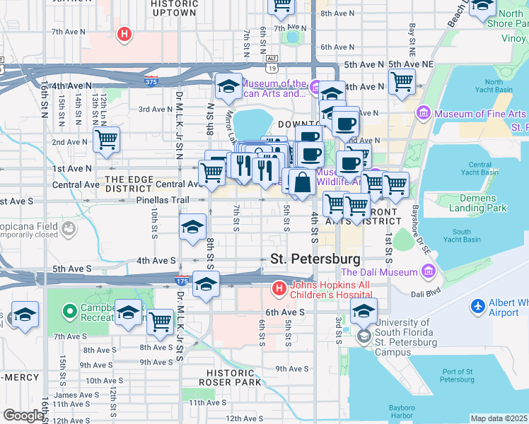 map of restaurants, bars, coffee shops, grocery stores, and more near 540 2nd Avenue South in St. Petersburg