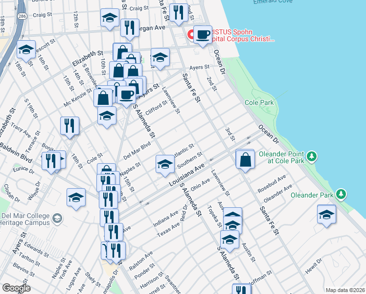 map of restaurants, bars, coffee shops, grocery stores, and more near 428 Atlantic Street in Corpus Christi