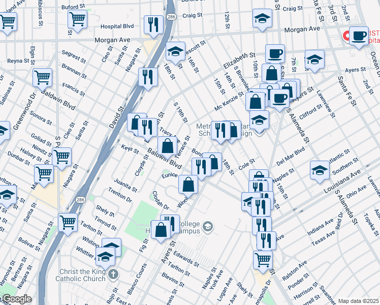 map of restaurants, bars, coffee shops, grocery stores, and more near 1443 Bonita Street in Corpus Christi