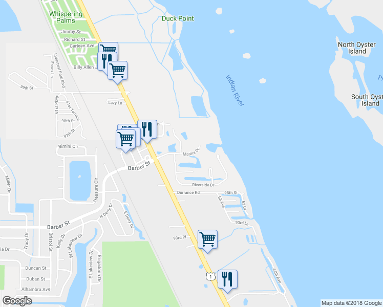 map of restaurants, bars, coffee shops, grocery stores, and more near 5799 Marina Drive in Sebastian