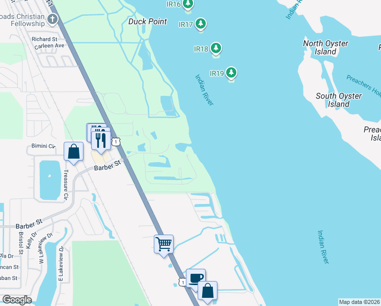 map of restaurants, bars, coffee shops, grocery stores, and more near 9536 Riverside Drive in Sebastian