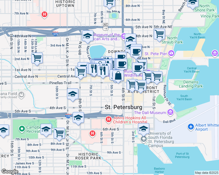 map of restaurants, bars, coffee shops, grocery stores, and more near 540 2nd Avenue South in St. Petersburg