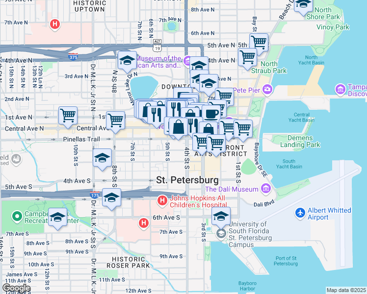 map of restaurants, bars, coffee shops, grocery stores, and more near 116 5th Street South in St. Petersburg