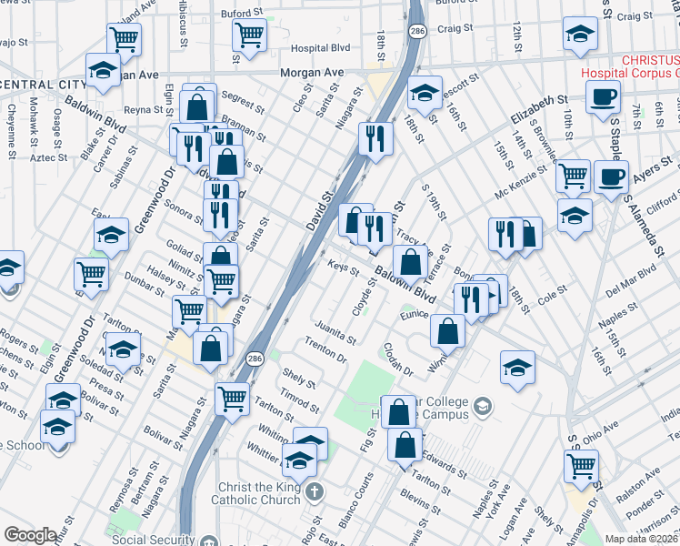 map of restaurants, bars, coffee shops, grocery stores, and more near 2710 Riggan Street in Corpus Christi