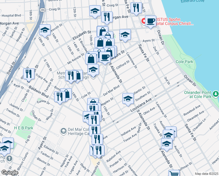map of restaurants, bars, coffee shops, grocery stores, and more near 542 Del Mar Boulevard in Corpus Christi