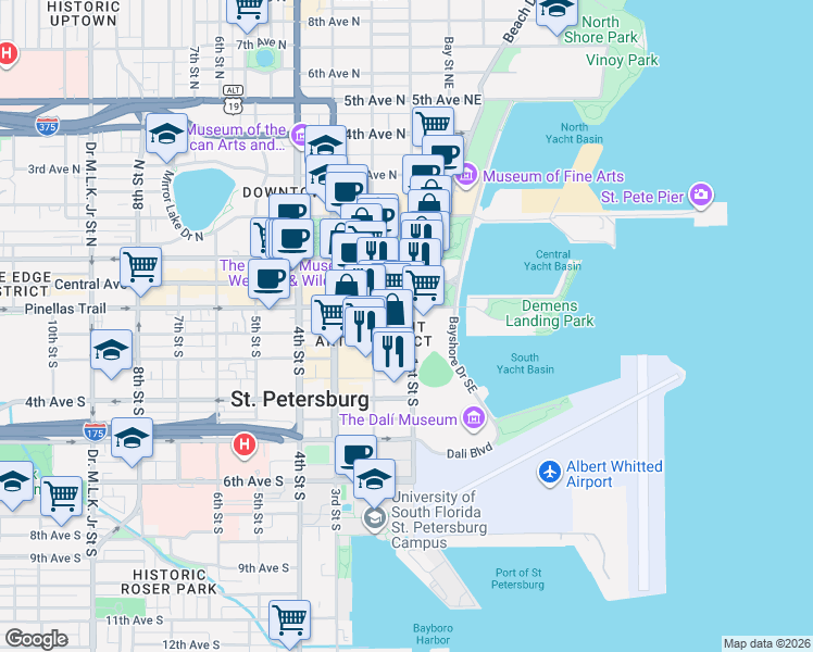 map of restaurants, bars, coffee shops, grocery stores, and more near 175 1st Street Southeast in Saint Petersburg