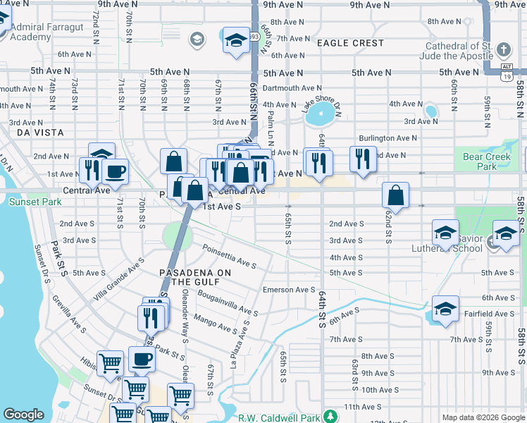 map of restaurants, bars, coffee shops, grocery stores, and more near 6566 1st Avenue South in St. Petersburg