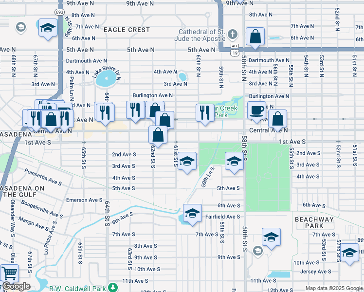 map of restaurants, bars, coffee shops, grocery stores, and more near 6074 1st Avenue South in St. Petersburg