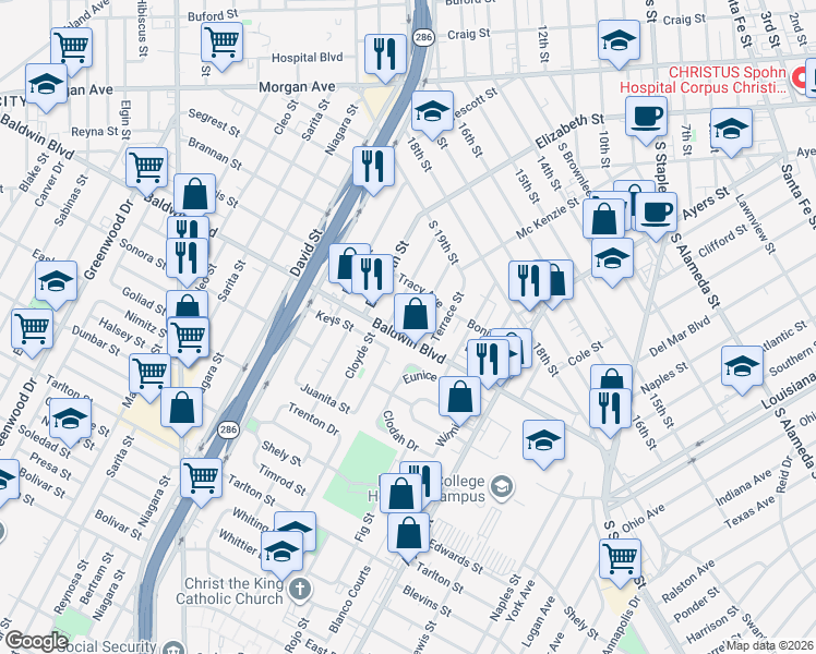 map of restaurants, bars, coffee shops, grocery stores, and more near 2637 Lynch Street in Corpus Christi
