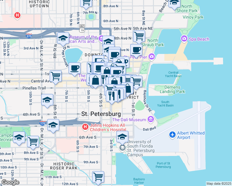 map of restaurants, bars, coffee shops, grocery stores, and more near 239 2nd Avenue South in St. Petersburg
