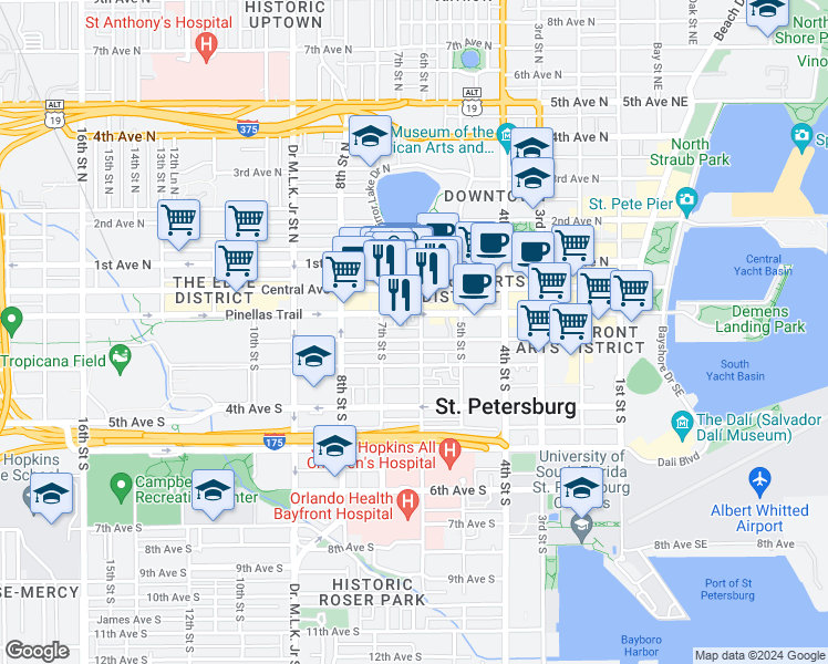 map of restaurants, bars, coffee shops, grocery stores, and more near 653 2nd Avenue South in St. Petersburg