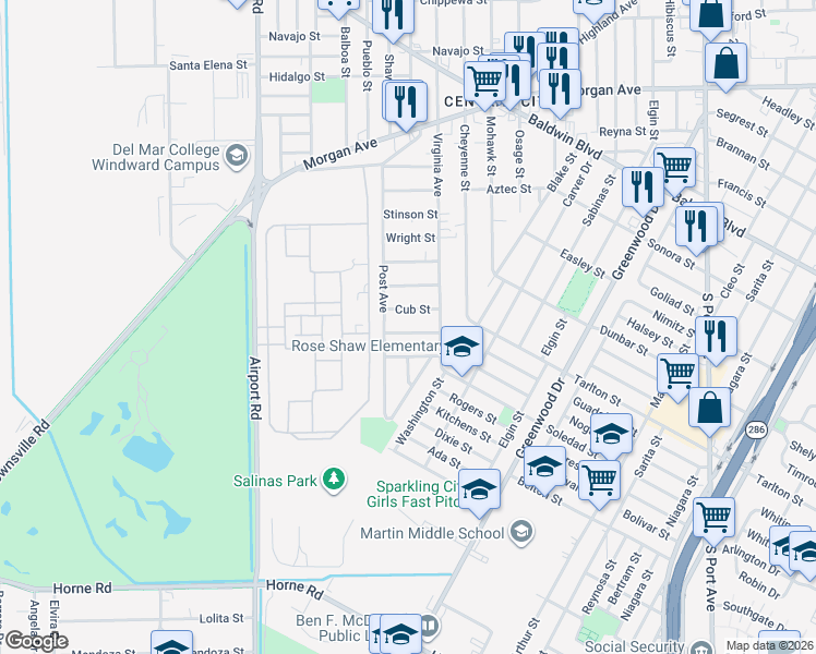 map of restaurants, bars, coffee shops, grocery stores, and more near 3637 Fairchild Street in Corpus Christi