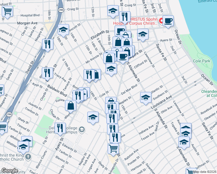 map of restaurants, bars, coffee shops, grocery stores, and more near 1736 16th Street in Corpus Christi