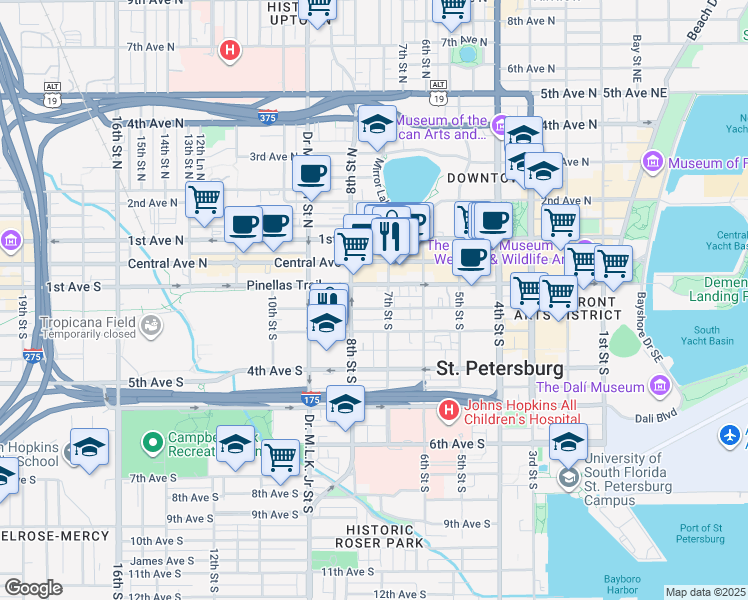 map of restaurants, bars, coffee shops, grocery stores, and more near 151 7th Street South in St. Petersburg